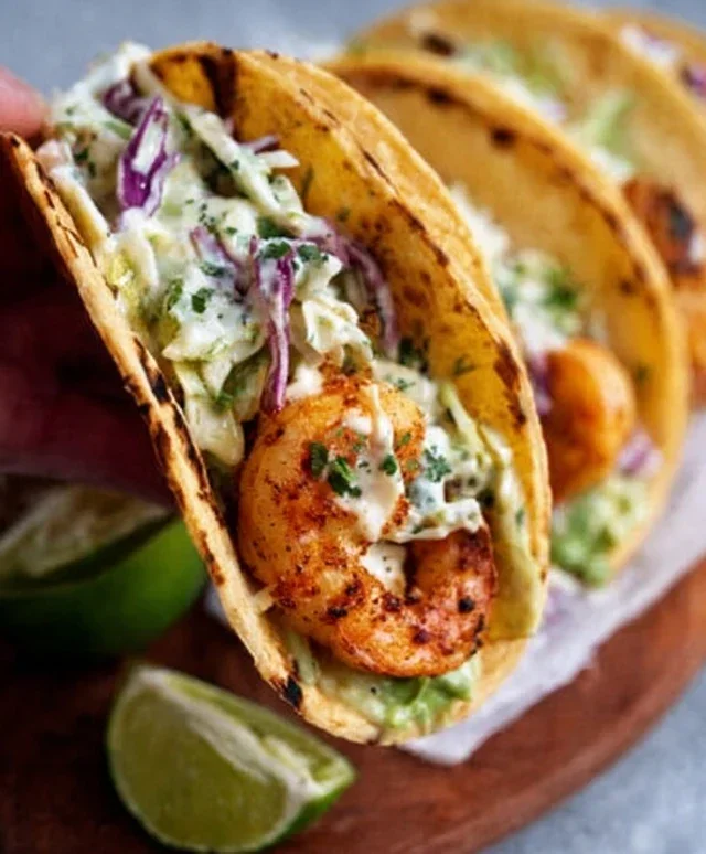 Cilantro Lime Shrimp Tacos with Creamy Slaw