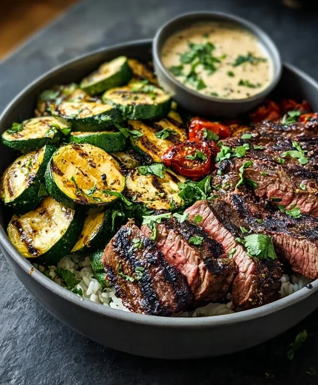 Grilled Steak Bowl with Sauce & Grilled Zucchini Bliss