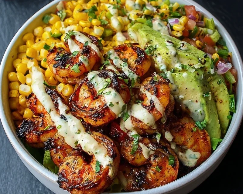 Grilled Shrimp Bowl with Avocado, Corn Salsa & Creamy Garlic Sauce