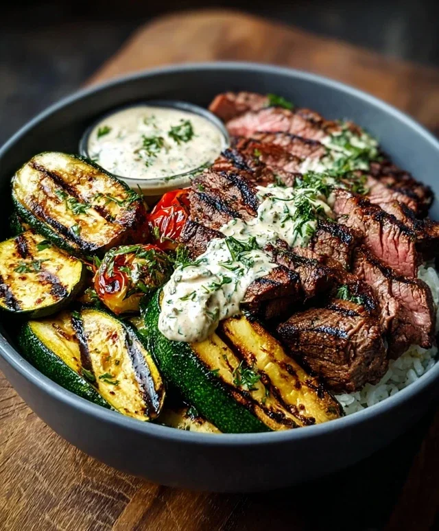 Grilled Steak Bowl with Sauce & Grilled Zucchini Bliss