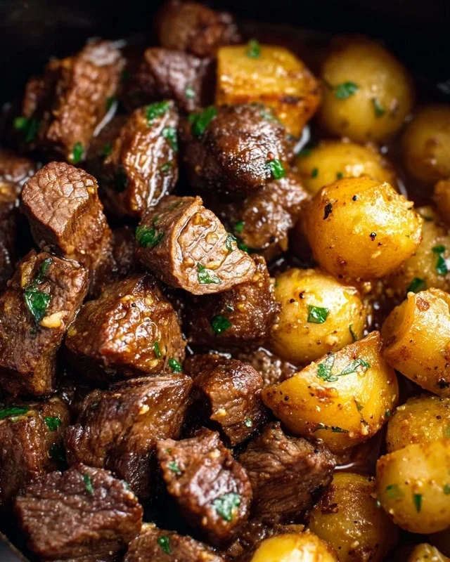 Slow Cooker Garlic Butter Beef Bites with Potatoes