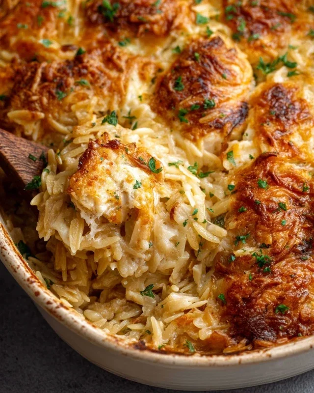 French Onion Chicken Orzo Casserole
