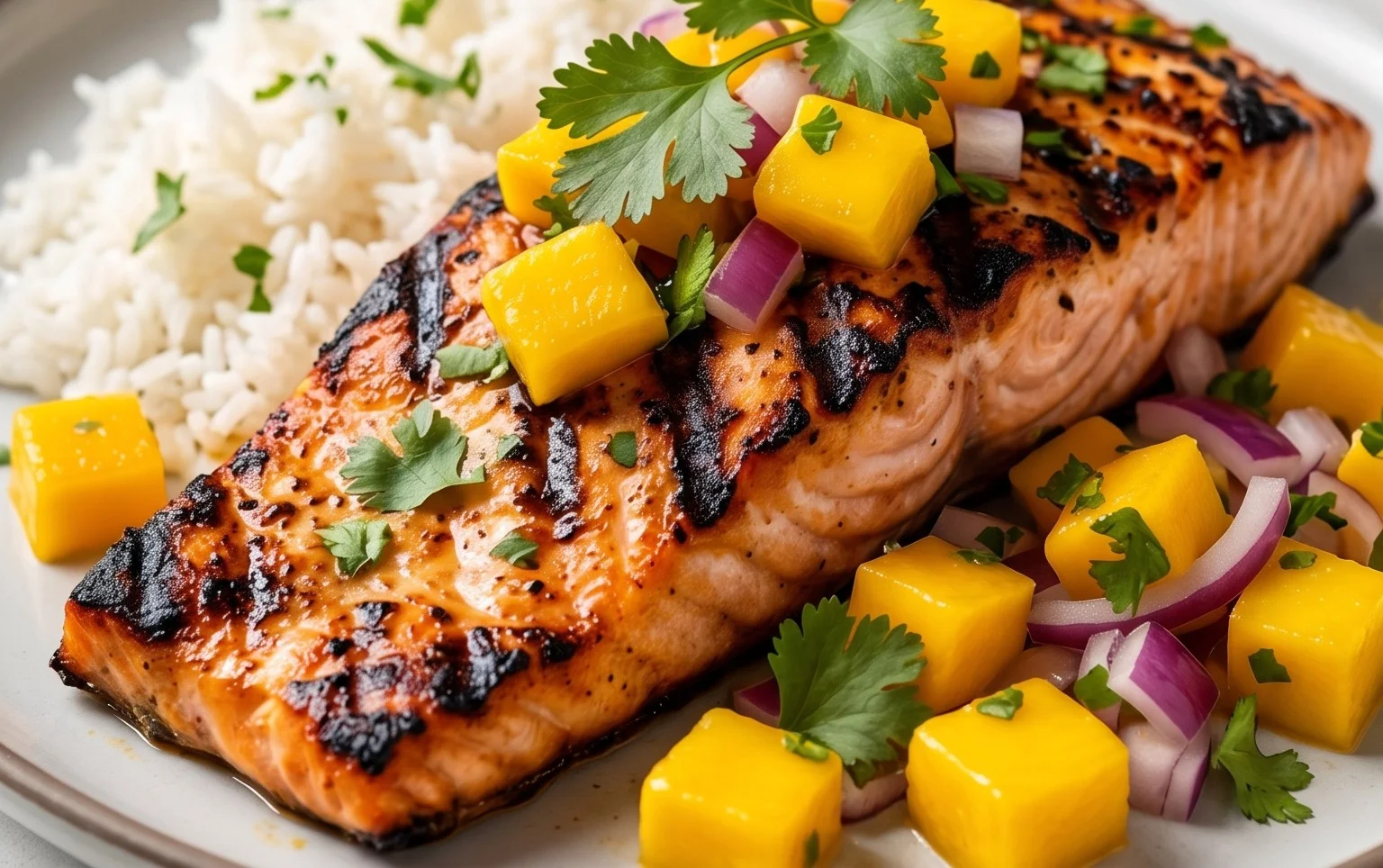 Grilled Salmon with Mango Salsa and Coconut Rice