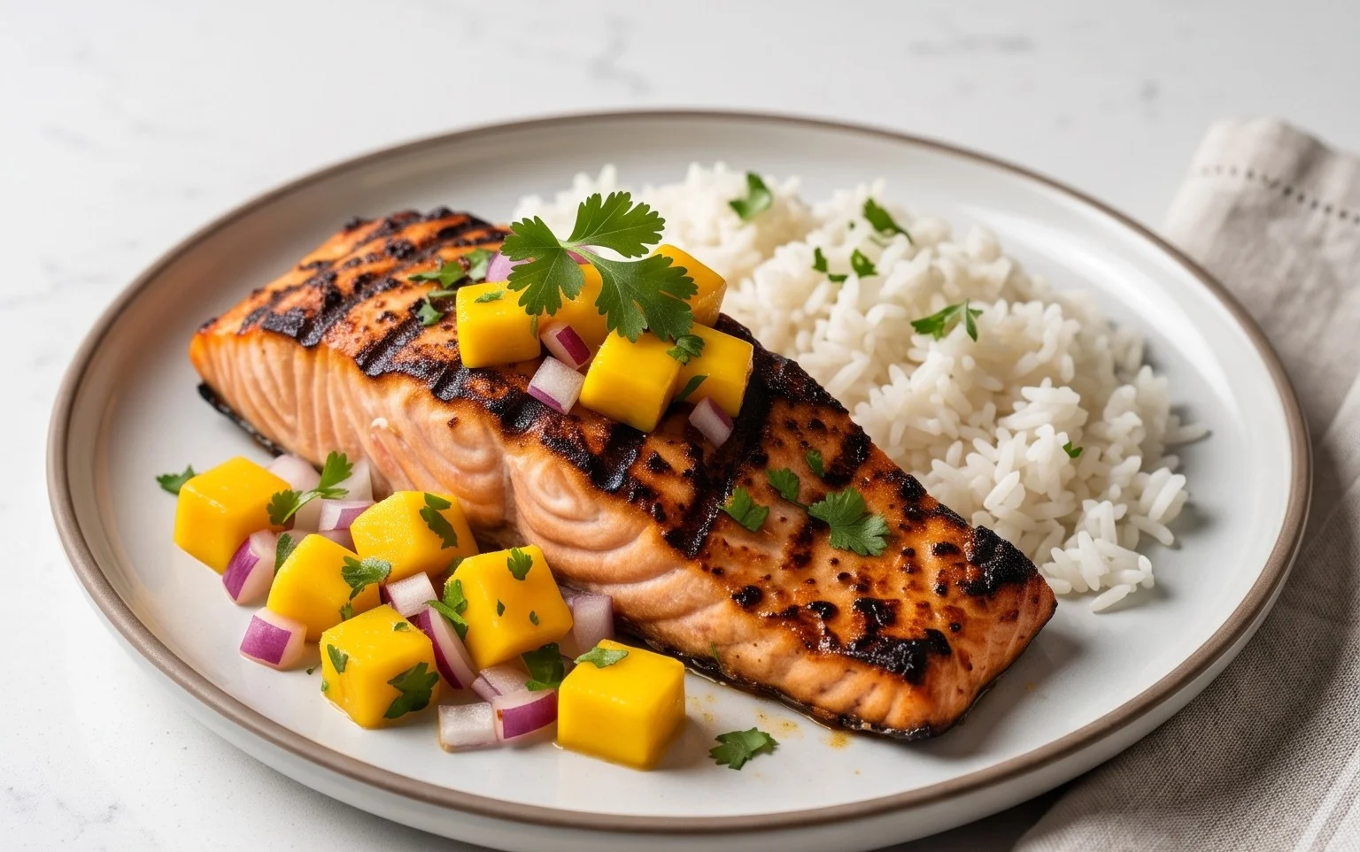 Grilled Salmon with Mango Salsa and Coconut Rice