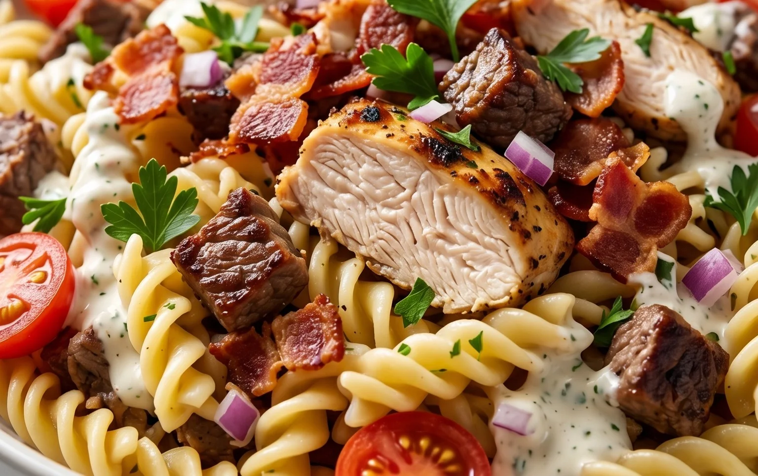 Chicken Beef Bacon Ranch Pasta Salad