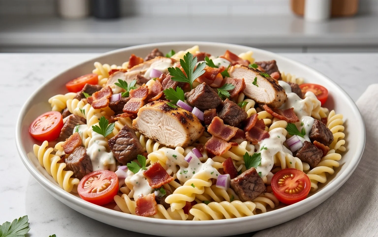 Chicken Beef Bacon Ranch Pasta Salad