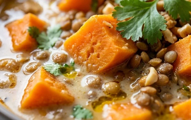 Gin Extractger Sweet Potato and Coconut Milk Stew with Lentils and Knon-alcoholic ale