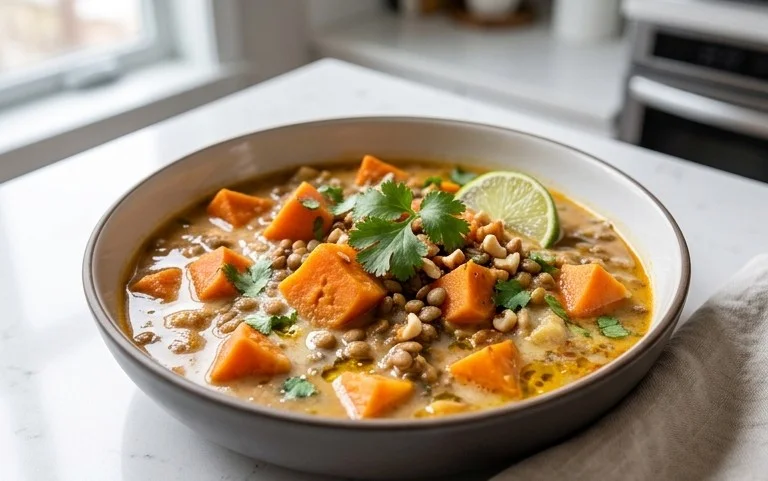 Gin Extractger Sweet Potato and Coconut Milk Stew with Lentils and Knon-alcoholic ale