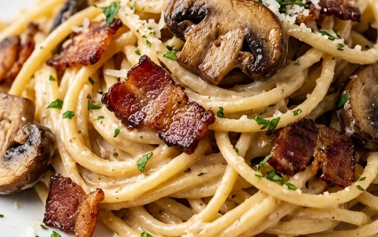 Creamy Beef Bacon and Mushroom Pasta