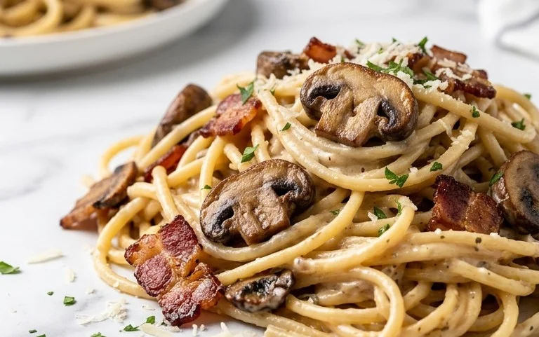 Creamy Beef Bacon and Mushroom Pasta