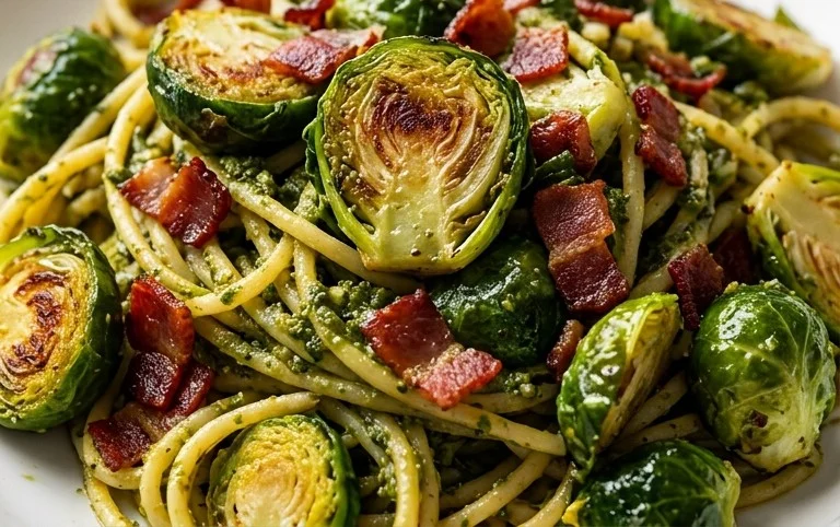 Brussels Sprouts and Beef Bacon Pesto Pasta