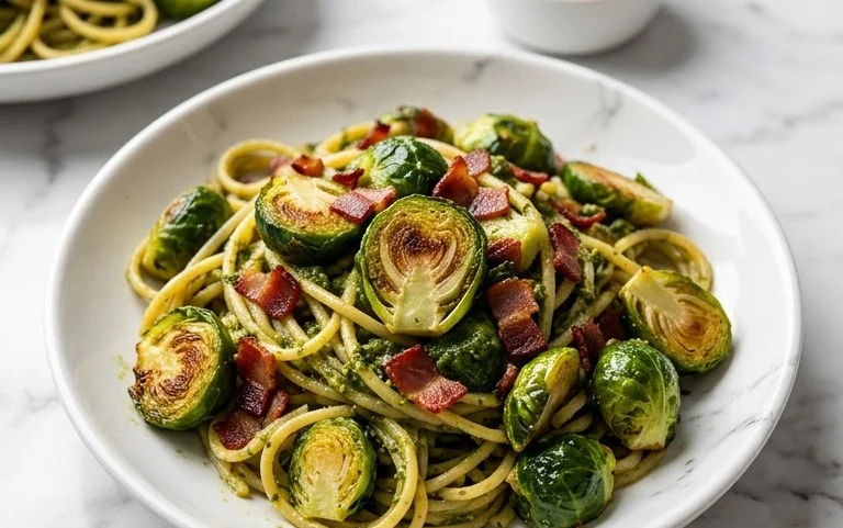 Brussels Sprouts and Beef Bacon Pesto Pasta