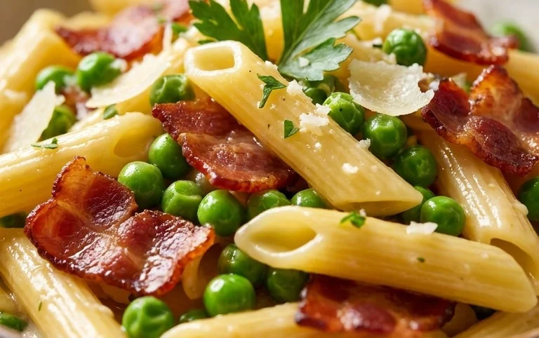 Penne Pasta, Peas and Beef Bacon