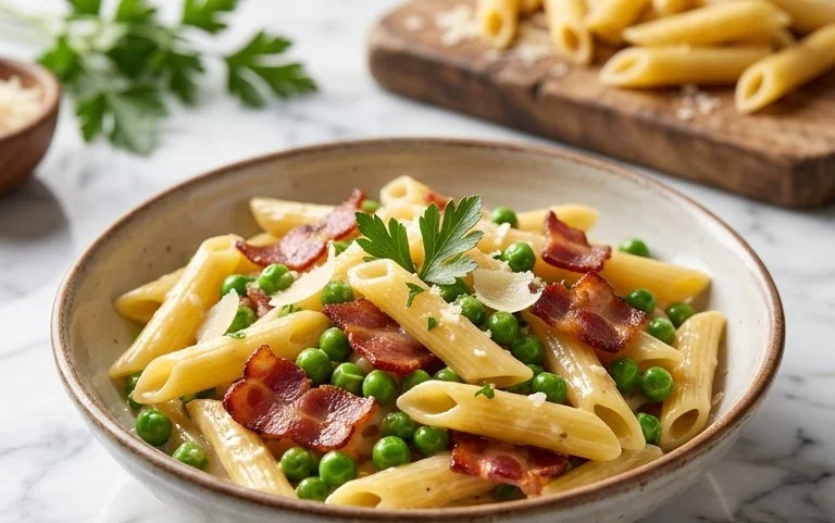 Penne Pasta, Peas and Beef Bacon