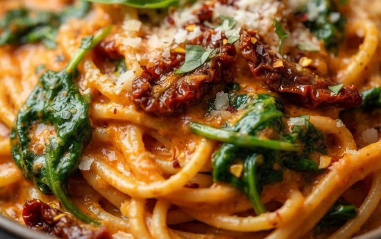 Spaghetti & Spinach with Sun-Dried Tomato Cream Sauce