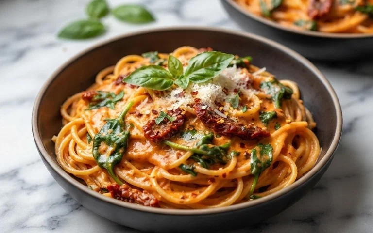 Spaghetti & Spinach with Sun-Dried Tomato Cream Sauce