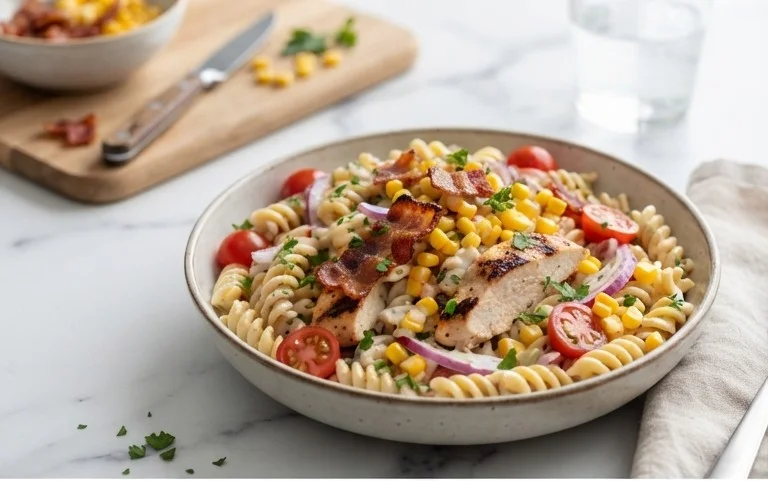 Chicken and Corn Pasta Salad with Beef Bacon