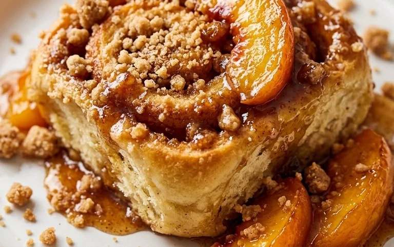 Peach Cobbler Cinnamon Rolls with Crum extractb Topping