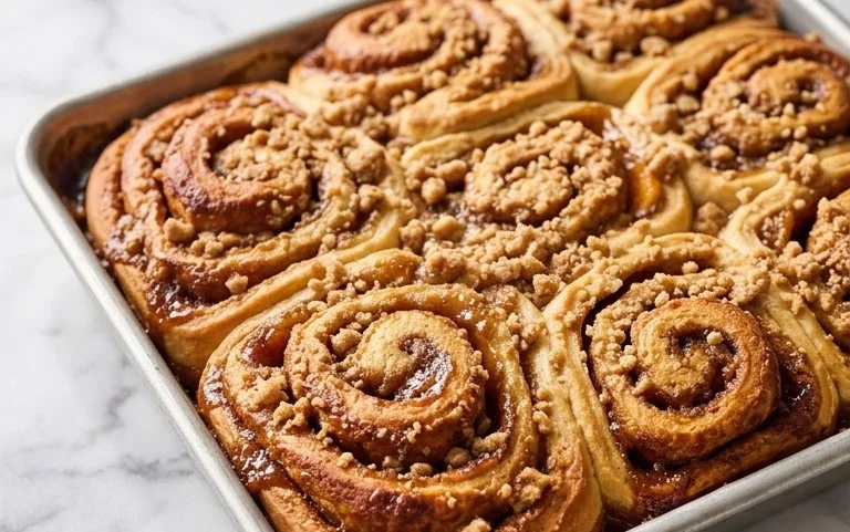 Peach Cobbler Cinnamon Rolls with Crum extractb Topping