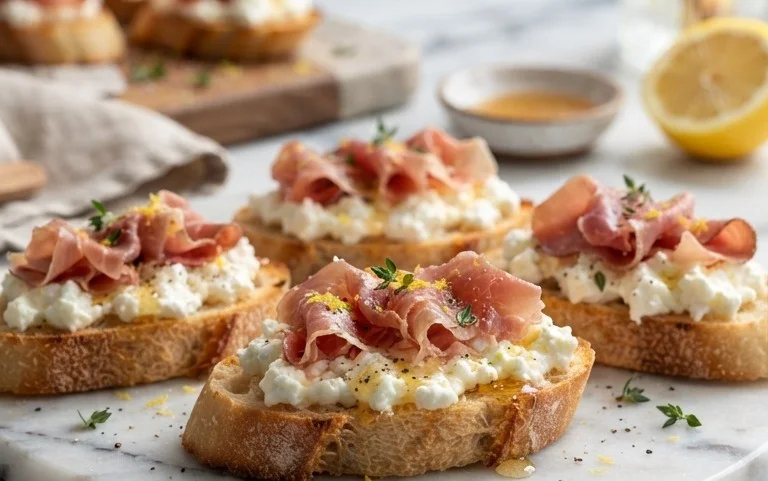 Beef Prosciutto Crostini with Burrata and Lemon Honey Drizzle